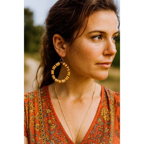 Handmade Large Hippie style Wood beaded chunky Hoop Earrings 2 inch - Picture 1 of 4